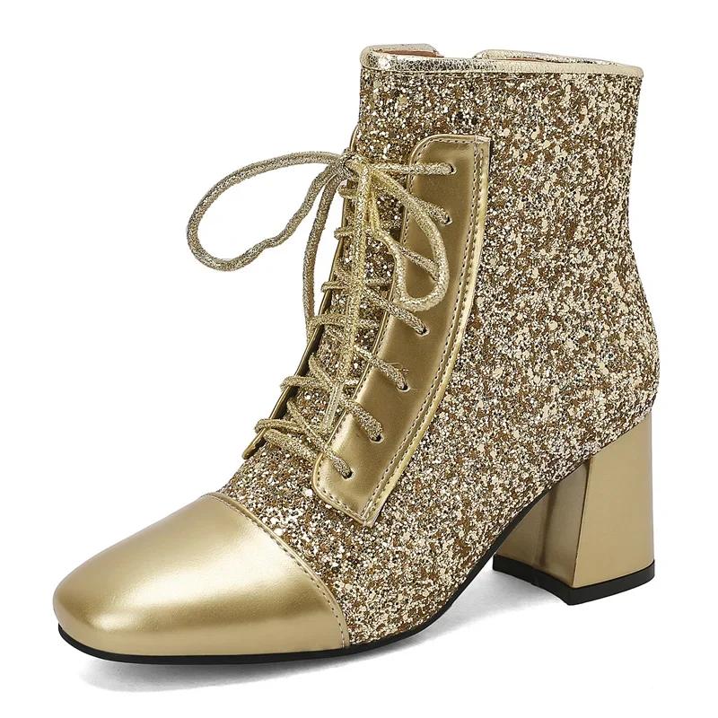 

Блестящие Зимние Женские Ботильоны Серебристые Золотистые с Блестками Тканевые На Высоком Каблуке Вечернее Платье Леди Британские На Шнуровке Плюшевые На Молнии Короткие Ботинки 38 золотой