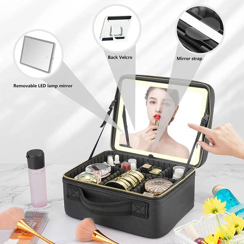 Portable LED Makeup Bag with Mirror Large Size Travel Cosmetic Case Multifunctional Beauty Organizer for Ladies