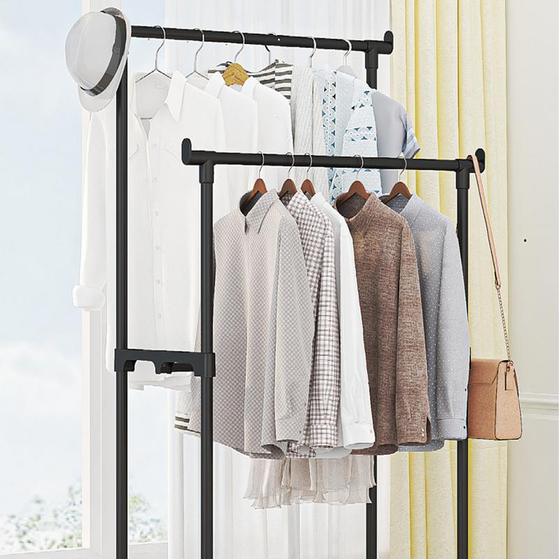 Double-Rod Clothes Rack Clothes Rack With Hooks Hanging Clothe Organizer For Bedroom Movable Bedroom Clothing Hanger With Wheels