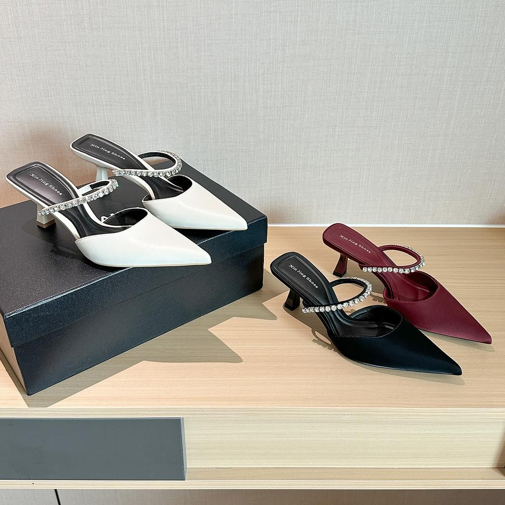 623-2 high-end pointed high-heeled single shoes new French rhinestone chain bag head half-drag dress women's shoes stiletto