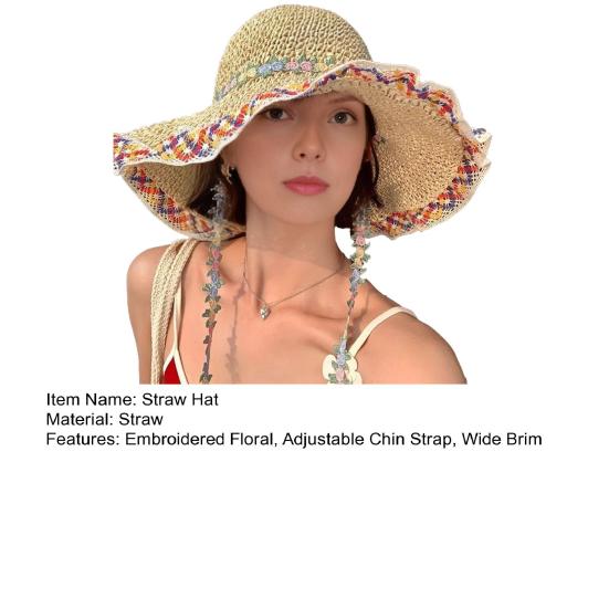 Women Handmade Straw Hat Embroidered Floral Chin Strap Sun Protection Hat Wide Brim Summer Beach Travel Hat