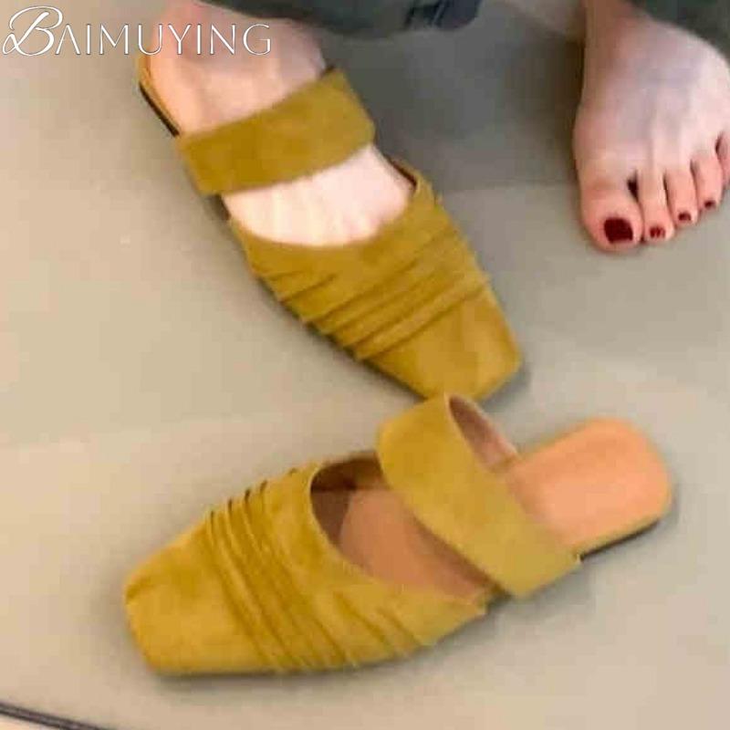 Fashion Casual Mules Women's Slippers Square Toe Flat Sandals Loafers Shoes Woman 2025 Trend Summer Soft Sole Shallow Comfort Sandalias