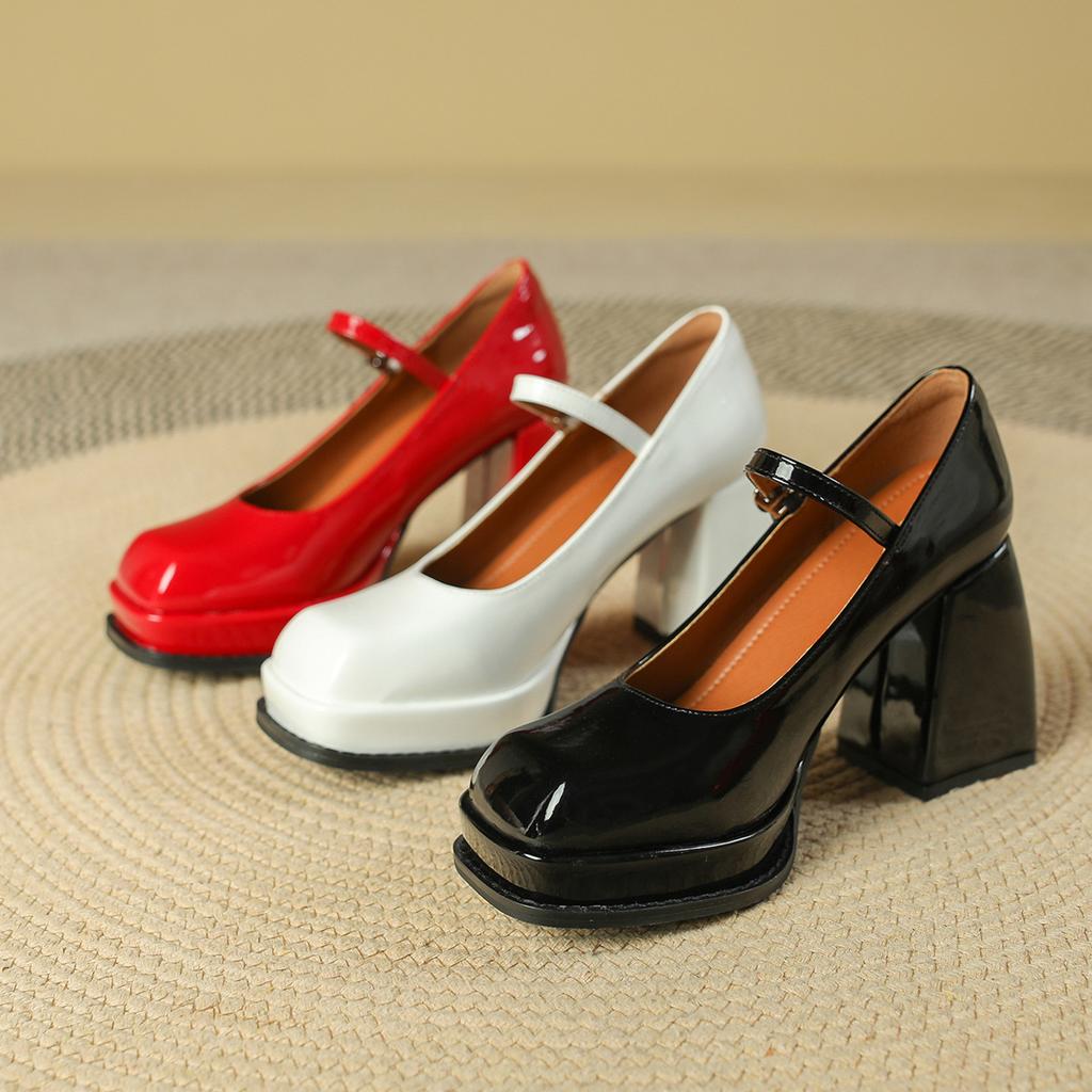 High heels women's 2025 new temperament celebrity waterproof table French thick heel square head Mary Jane shoes one-word buckle belt