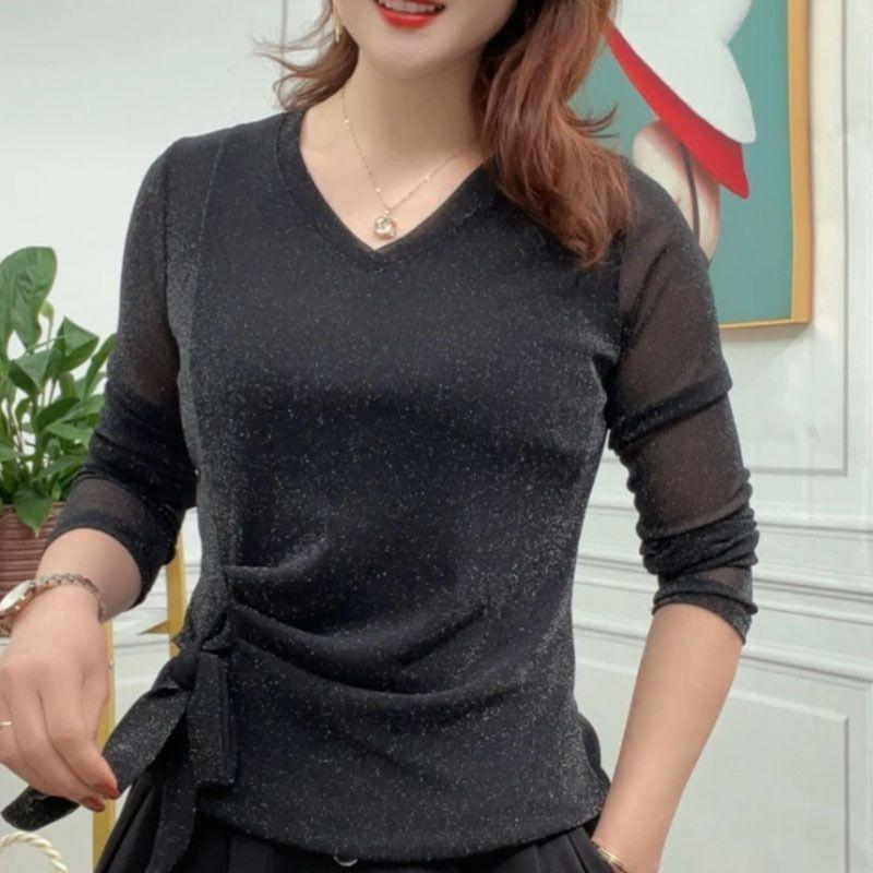 Spring and Autumn Women's Pullover V-neck Long Sleeve Solid Drawstring Folds Sequined Gauze Loose Elastic Fashion Casual Tops