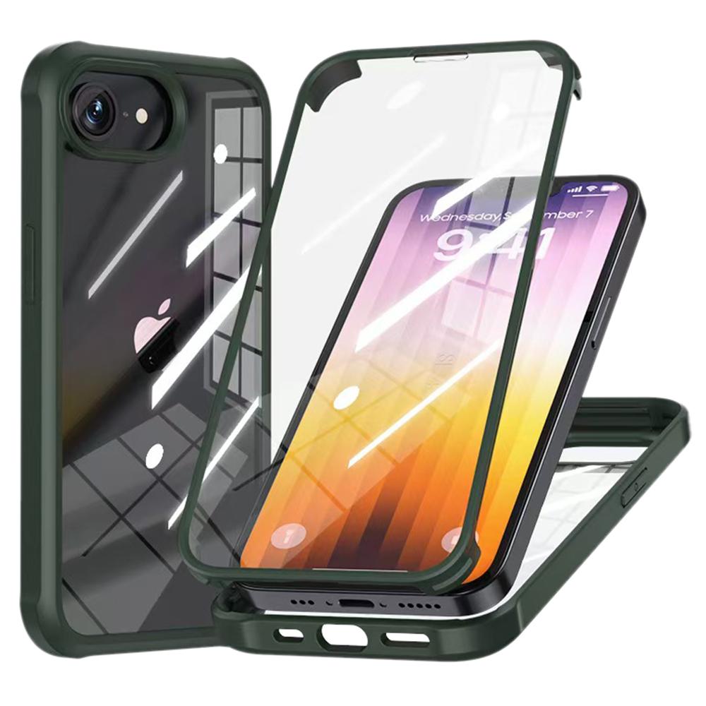 

For iPhone 16e Case Double-Sided Tempered Glass+Silicone+TPU Phone Cover Midnight Green
