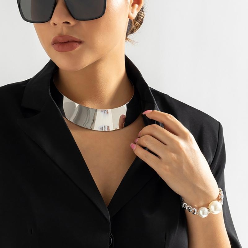 Collier Femme Style Punk Hiphop Exagéré Fil Métallique Ras du Cou Torque Or/Argent Large Chaîne Lisse Bijou de Cou