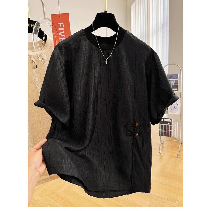 New Chinese Style Short-sleeved T-shirt for Women Loose Buckle Slit Textured Pleated Top