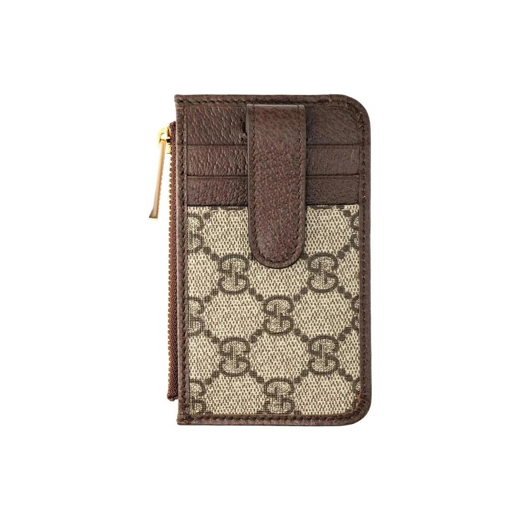 GUCCI Ophidia woven strap with aged logo stripes  canvas and leather patch  card holder and card bag  unisex and couple style  blackwood/brown