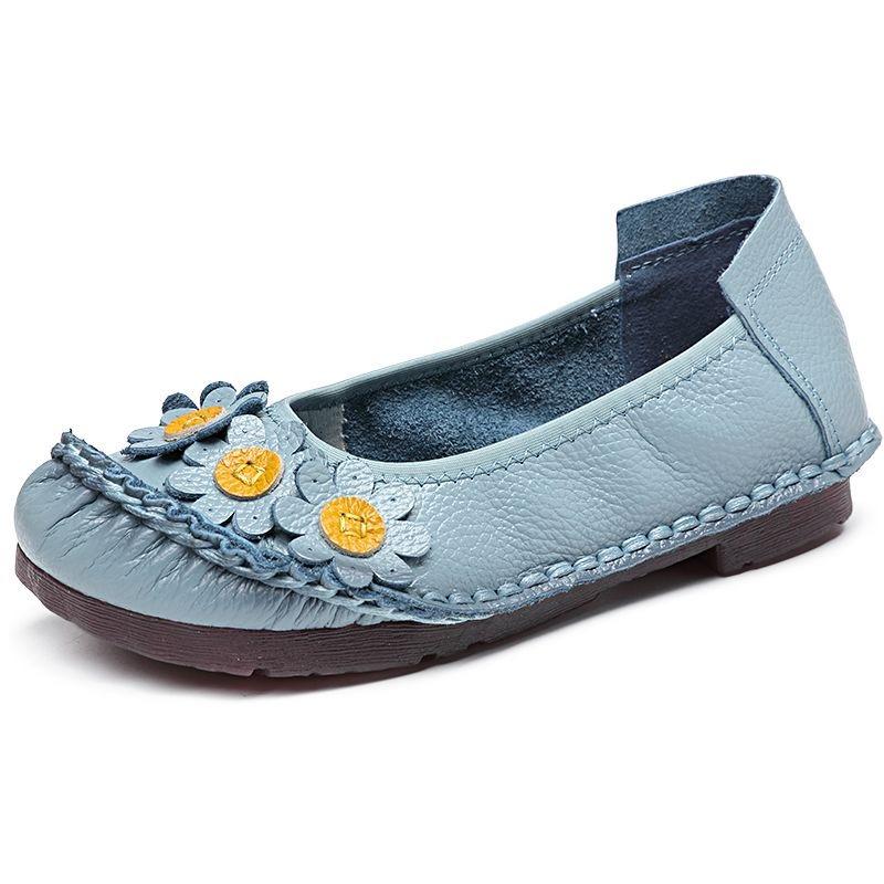 Fashion New Spring Summer Genuine Leather Shoes Women Flats Flowers Soft Flat Cow Leather Shoes Blue Black White Yellow Red D419