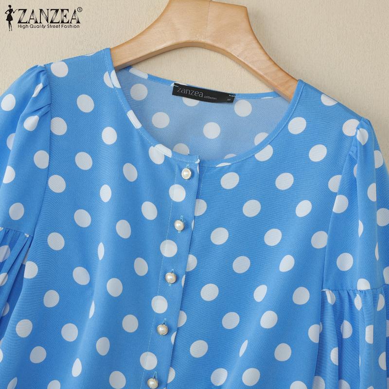 ZANZEA Women Casual V-Neck Loose Polka Dot Print 3/4 Sleeve Blouse