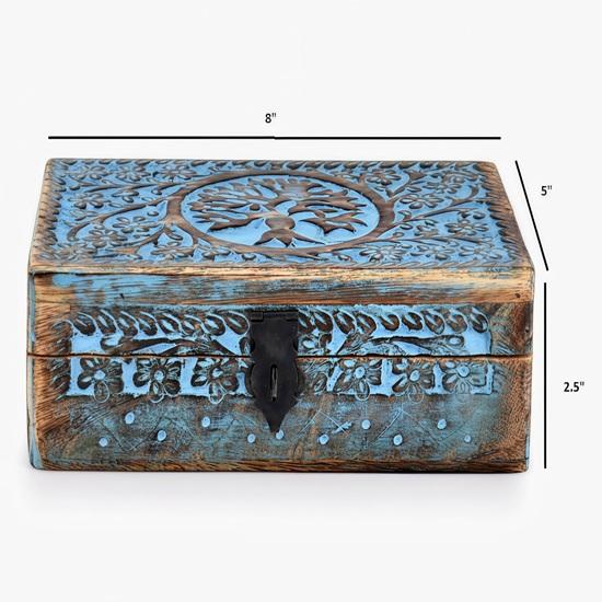 20.32 Cm Wooden Jewellery Storage Box with Tree of Life Design Blue Trinket Organizer with Metal Lock Ideal for Women, Wedding Festival Gifts