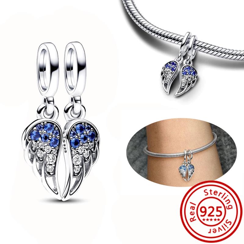 Fit Original Pantaro Charms Bracelet DIY Zircon 925 copper Blue Angel Wings Feathers Crown Star Moon Sun Clip Heart Shiny Beads