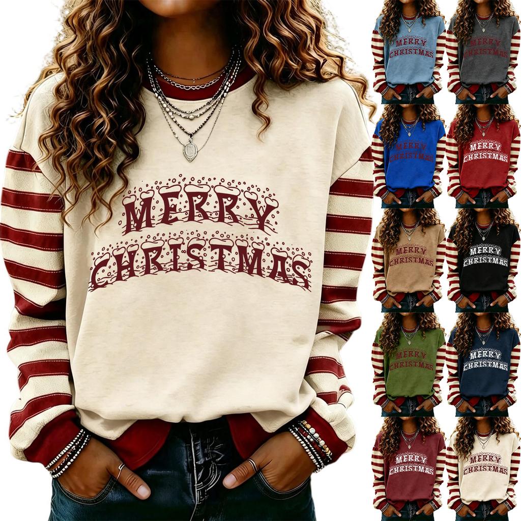 Women's Fashion Long Sleeve Christmas Print Neck Pullover Sweatshirt Top