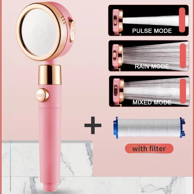High Pressure Rain Shower Head Shower Head Water Saving Flow 360 Degrees 3 Modes Rotating Adjustment Bathroom Pink Shower Head