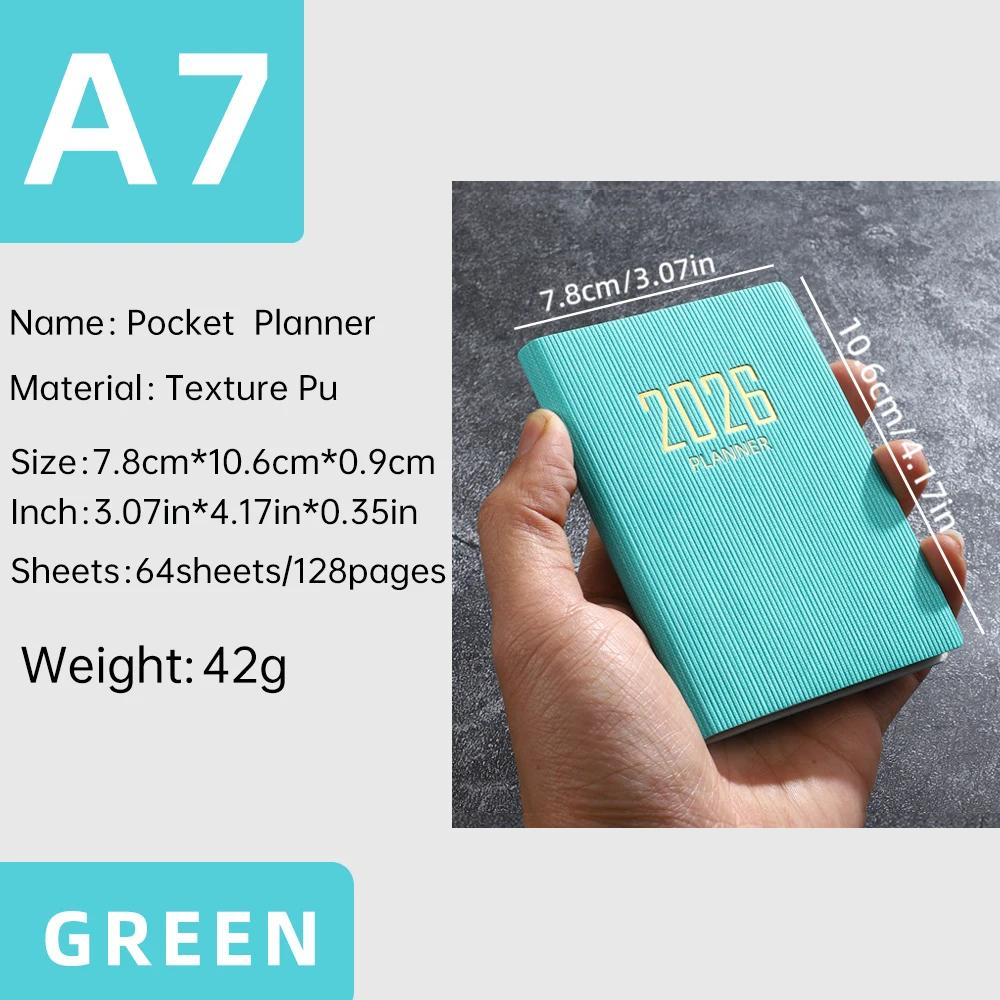 A7 specification 2026 English planner book, mini portable pocket daily schedule book, 64 sheets 128 page thin weekly calendar