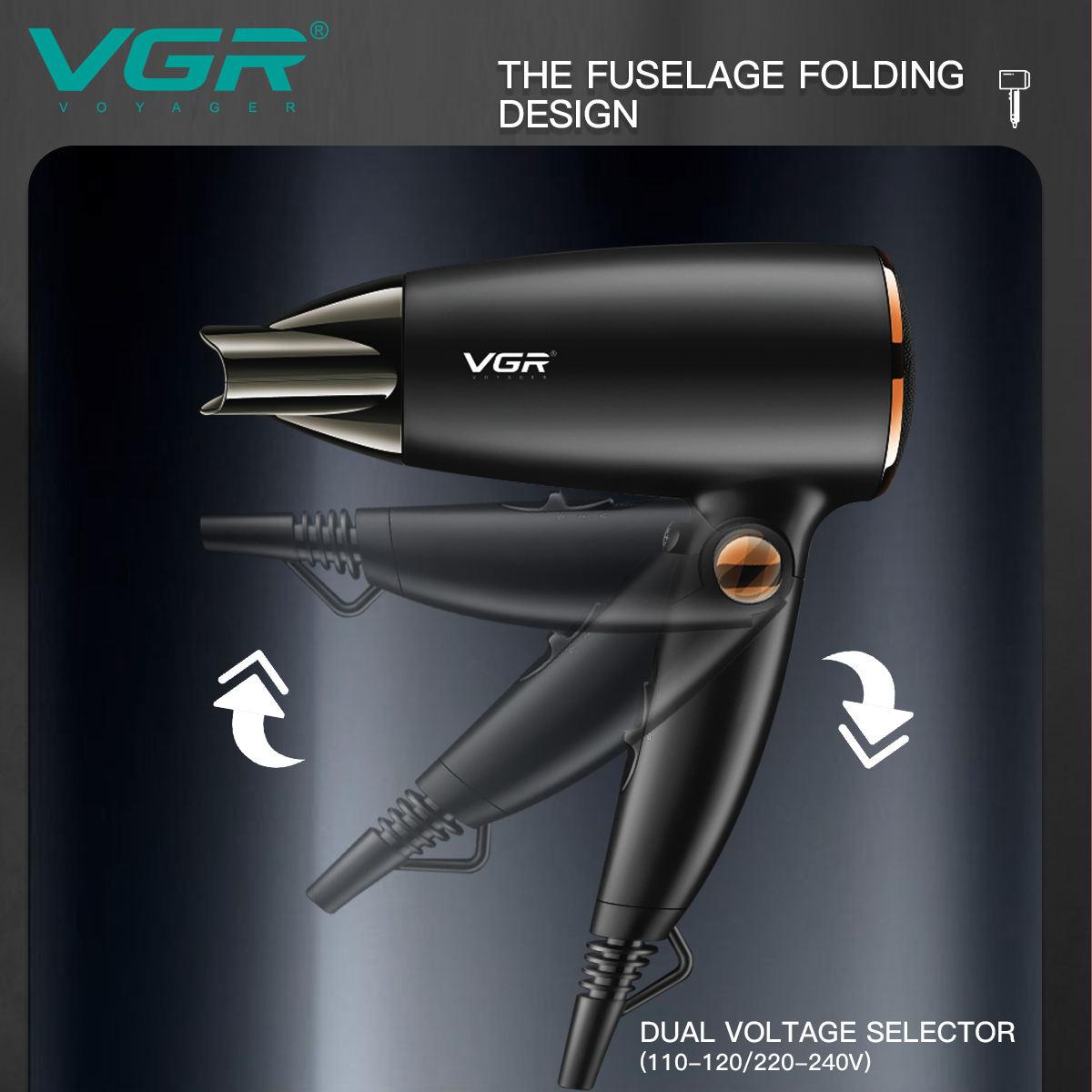 

VGR V-439 Hair Dryer Professional 4 Gears Hot Cold Overheat Protection with Styling Nozzles Constant-Temperature Hair Care Foldable Hair Dryer чёрный