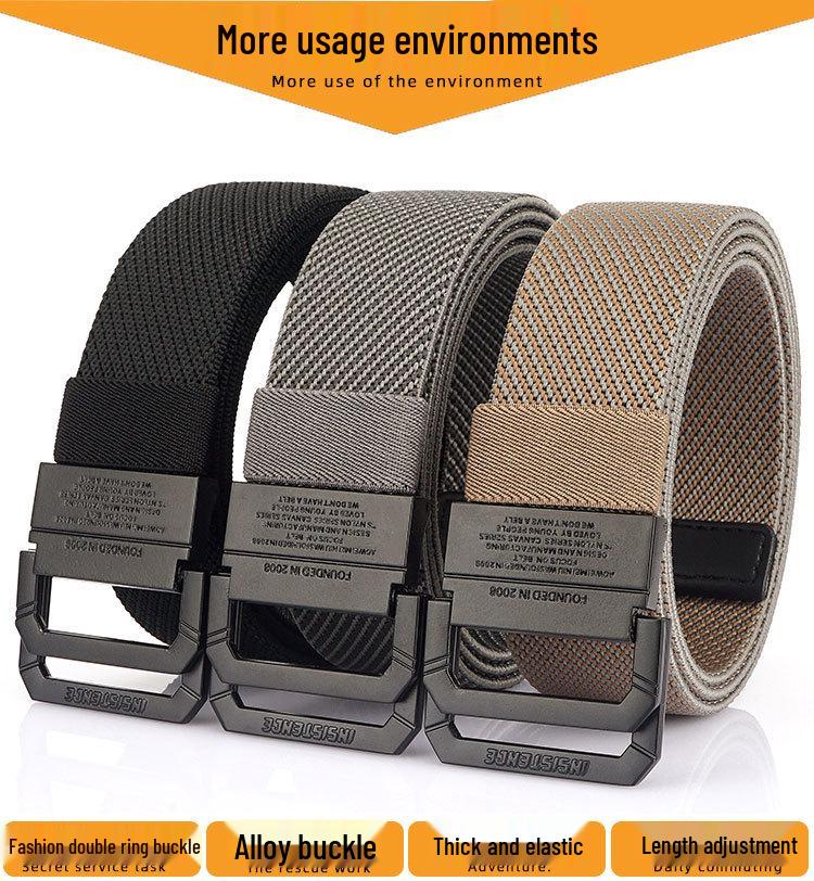 Unisex Black Metal Double Ring Buckle Elastic Canvas Belt for All Seasons