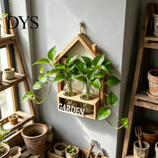 Hanging Glass Vase Wooden Wall Propagation Planter, Mounted Planter with Clear Tubes for Hydroponic Plant Holder Plants, Display Shelf Living