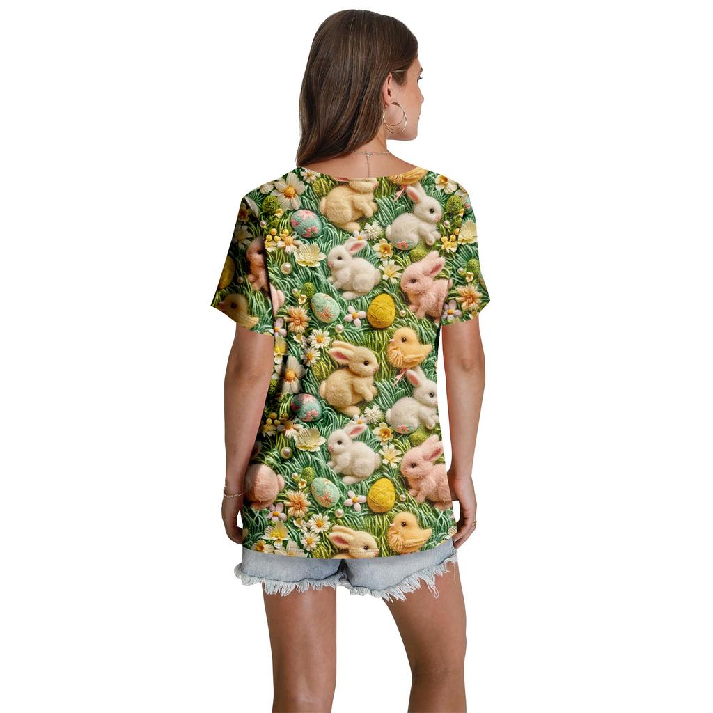 Ladies' Casual V-neck Short Sleeved Shirt With Pleated Easter Print On The Chest
