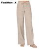Calças femininas largas de linho, cintura elástica, casual, soltas, pernas largas, tamanho grande