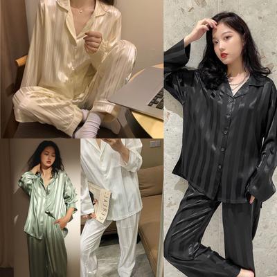 Pijama de Seda de Hielo a Rayas para Mujer, Dulce y Fino para Primavera y Verano con Cuello en V, Ropa de Casa Sencilla y Casual Estilo Coreano