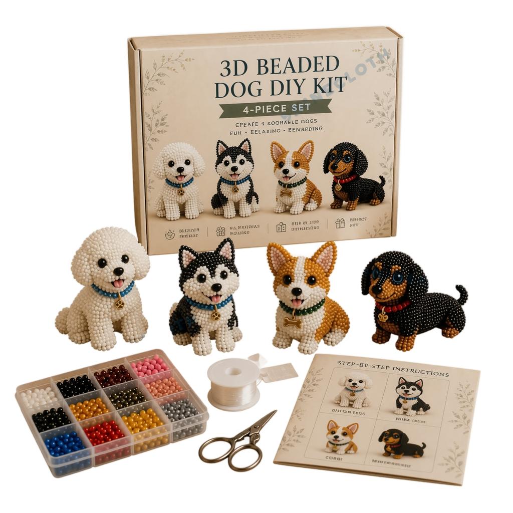 3D Beaded Dog DIY Kit 4 Piece Set with Beads Scissors Thread and Instructions for Handmade Beadwork Projects and Crafting
