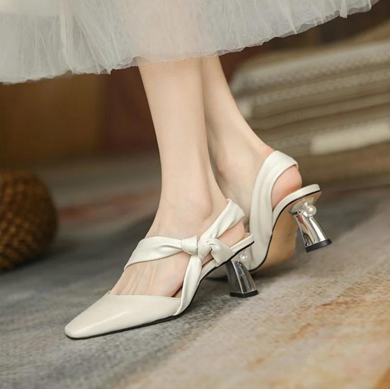 Fashion Leather for Office Work Sandals Women Footwear Yellow High Heels Pointed Toe Medium Summer 2024 Block Heel Ladies Shoes Pearl F