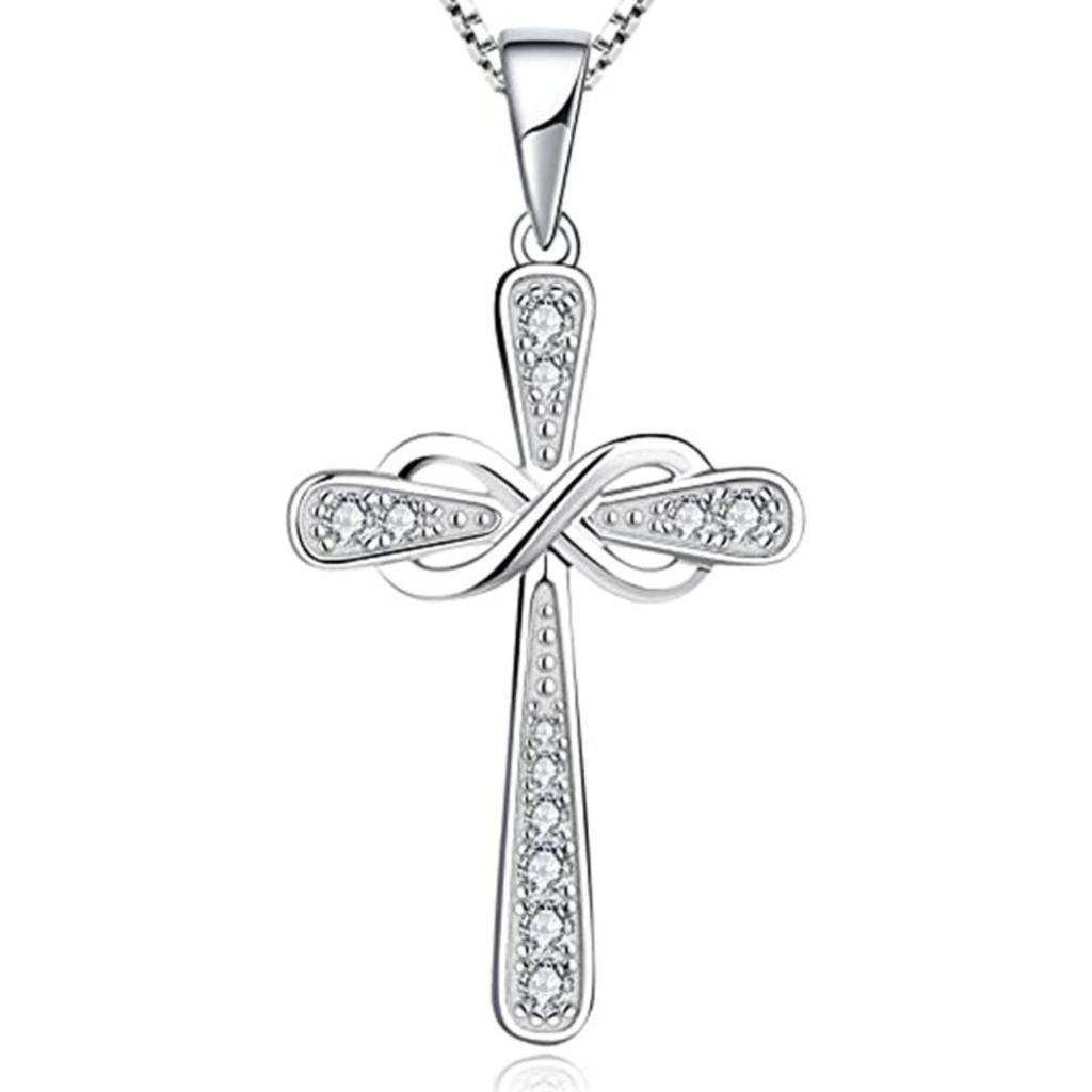 Elegant Infinity Cross Pendant Necklace with Paved Cubic Zirconia Silver Tone Endless Love Christian Jewelry for Women