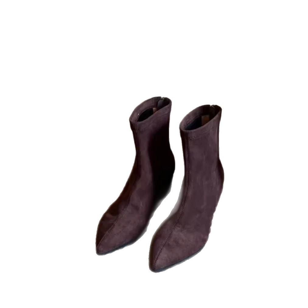 Sheepskin version~ Temperament niche suede pointed head inner height increase rear zipper thin boots short boots women's autumn and winter cowboy boot