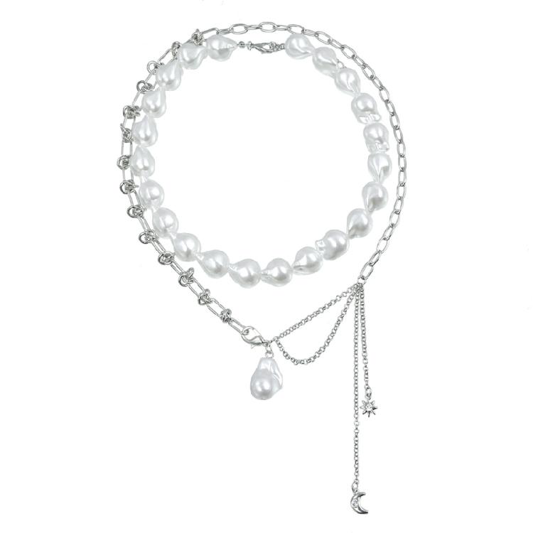 Elegant 2 Layers Irregular Pearls Necklace for Women Star and Moon Charm Neckchain Beaded Chain Choker Party Jewelry 1