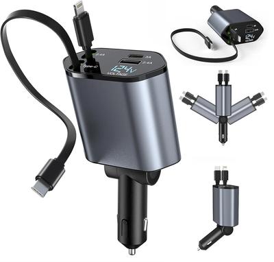 Geri Çekilebilir Araç Şarj Cihazı 4'ü 1 Arada Hızlı Şarj Araç Şarj Cihazı 120W Geri Çekilebilir Kablo ve 2 USB Bağlantı Noktası Araç Şarj Cihazı Adaptörü Uyumlu