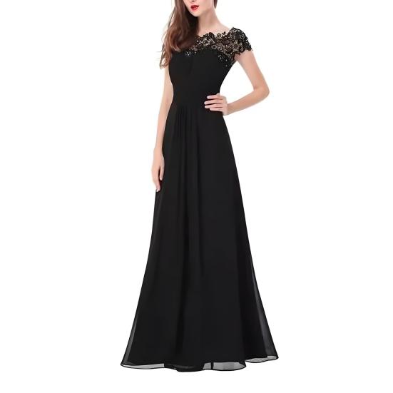 Women's Lace Bridesmaid Dress Cap Sleeve Ruched Round Neck Chiffon Formal Evening Gown A-Line Wedding Guest Maxi Dress for Cocktail Party Prom