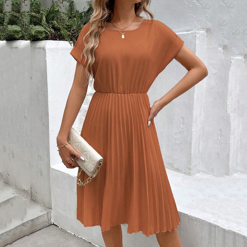 Women's casual round-neck pleated Women's A-line long dress with short sleeves