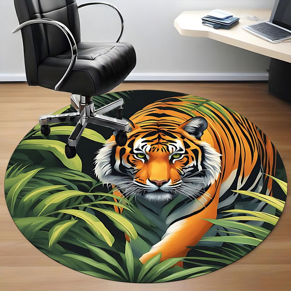 1pc Tiger Jungle Print Chair Carpet for Office, Round Non Slip Durable Large Size Office Carpet, Suitable for Office