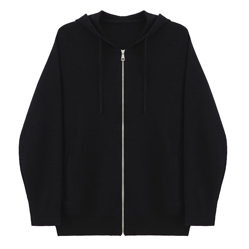 

420g Heavyweight Hooded Knitwear: Mulberry Silk Wool Cardigan with Zipper for Spring/Autumn – Trendy and High-End Feel M чорний