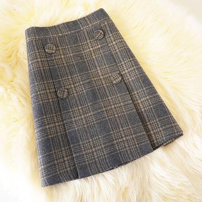 Koreański Styl Preppy Jesienna Damska Spódnica w Kratę Zapinana na Guziki i Zamek Błyskawiczny, Asymetryczna, Modna, Biurowa, Codzienna, Slim, z Wysokim Stanem, Krótka, A-line