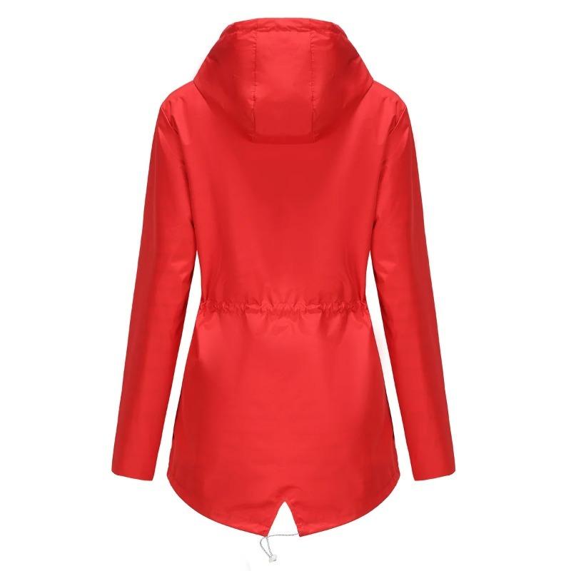 Red Waterproof Hooded Jacket Women Fashion Casual Coat Waist Drawstring Tie Zipper Switch Blue Green Yellow Black Windbreaker