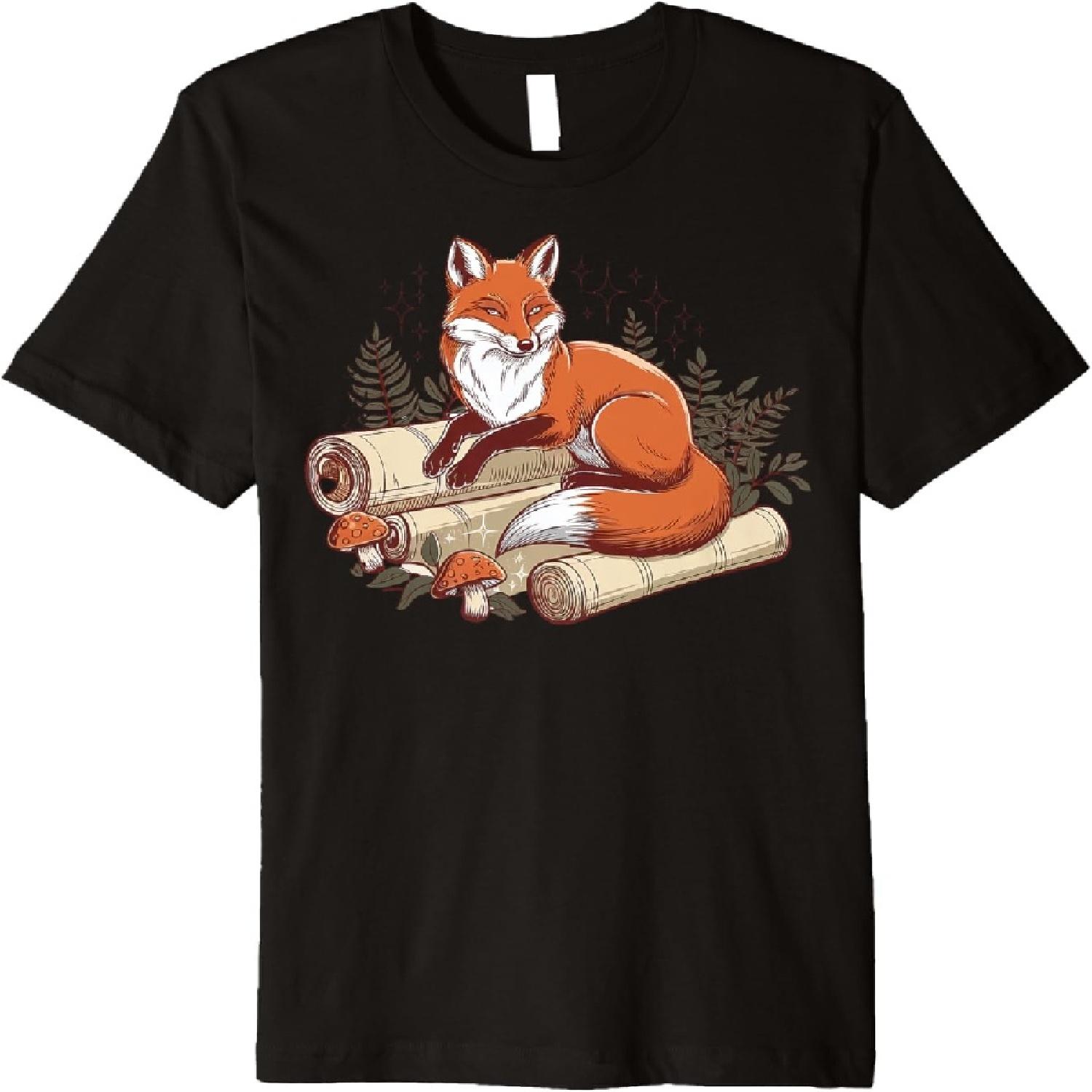 Fox Resting Among Ancient Scrolls in Enchanted Forest Premium T-Shirt XXXXXL разноцветный