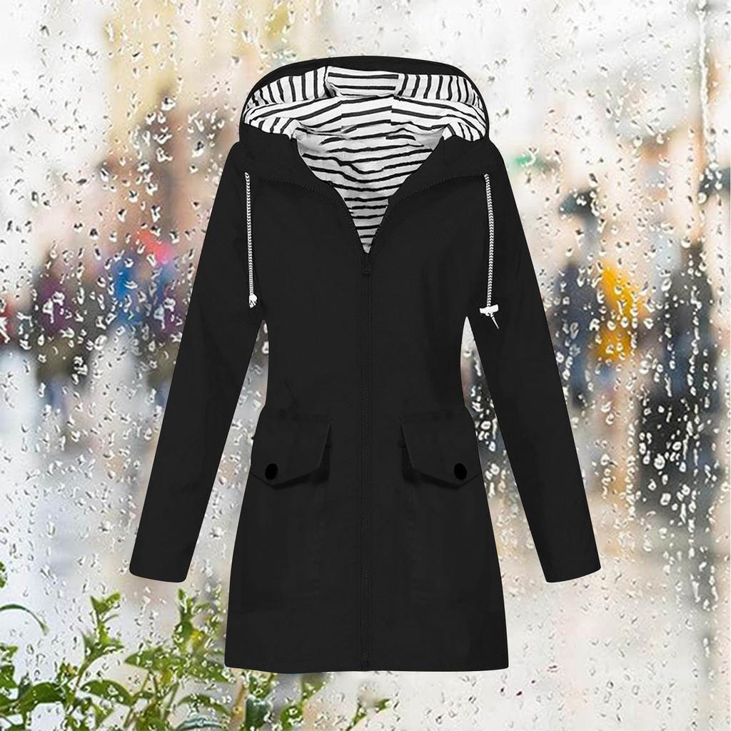 Women Solid Stripe Rain Jacket Outdoor Plus Waterproof Hooded Raincoat Windproof