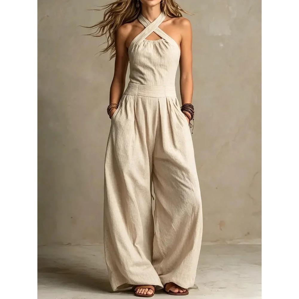 Women's Halter Sleeveless High Waist Loose Wide Leg Jumpsuit Solid Striped Casual Long Pant Romper For Vacation Daily Wear