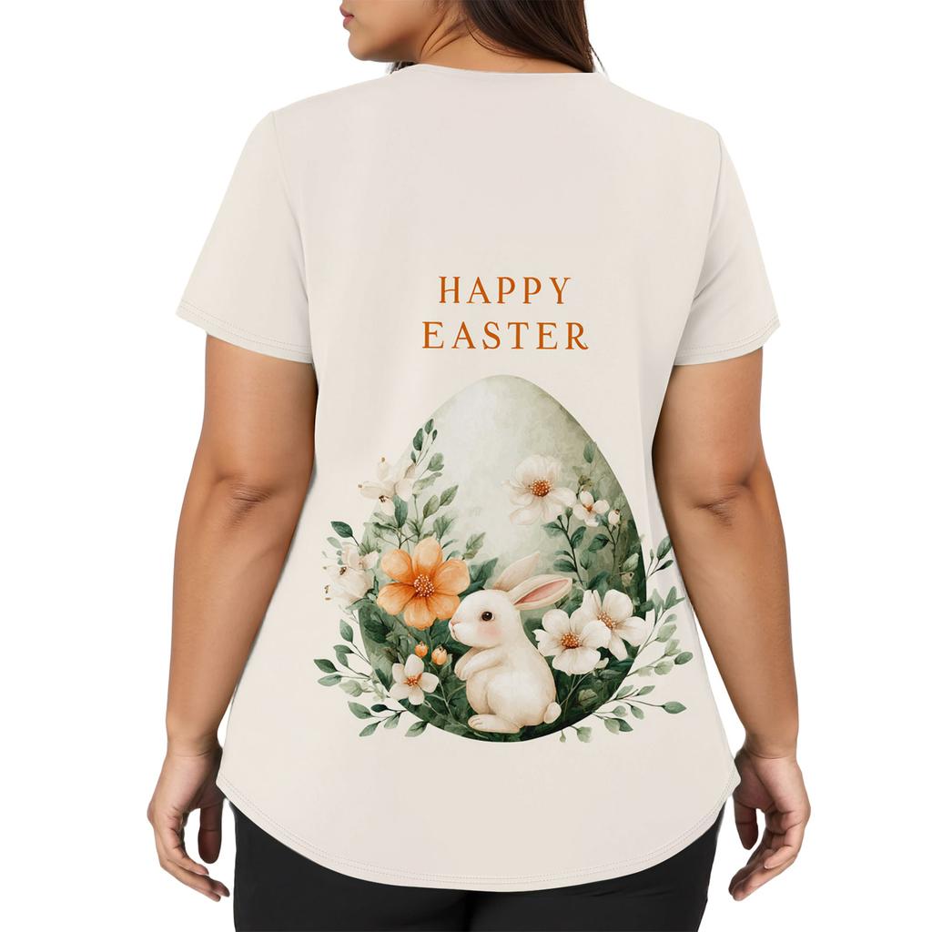 Women's Fashionable V-neck Short-sleeved Work Top With Double Side Slits And Pockets, Featuring Easter Bunny And Egg Prints.