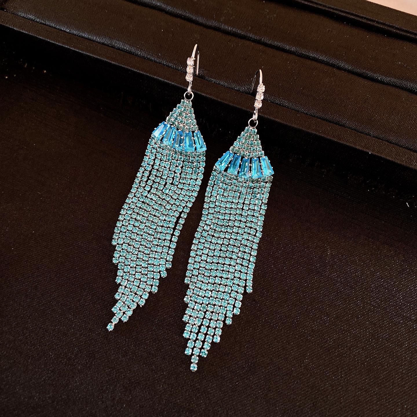 European and American long diamond-encrusted fringed earrings, light luxury ear hooks, exquisite earrings