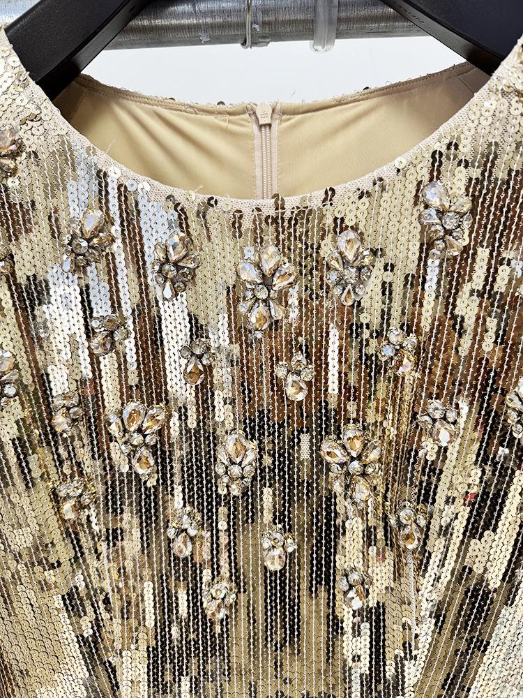 Luxury Gold Sequin Evening Gown with Heavy Beading and Rhinestones - 2026 European & American Celebrity Style