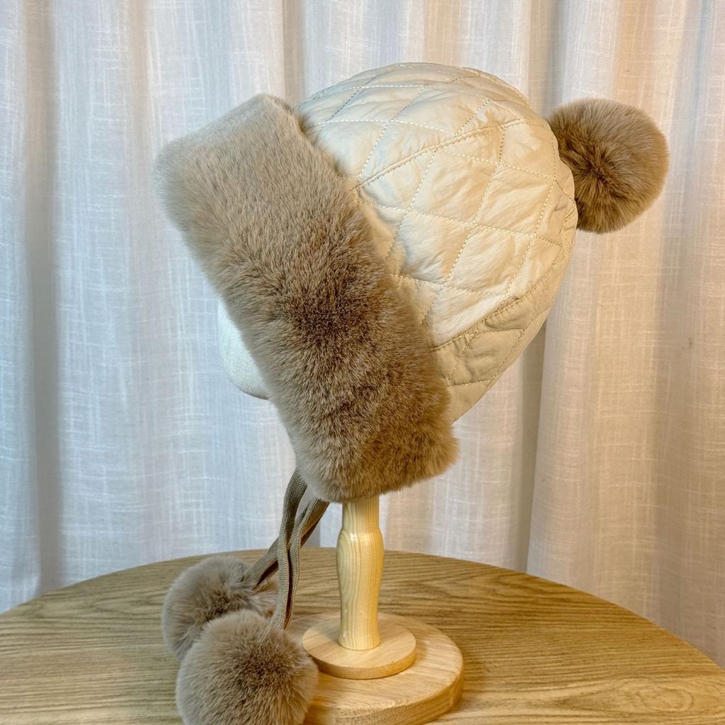 Down Cotton Lei Feng Hat for Women Korean Version Sweet and Cute Fur Ball Lei Feng Hat Winter Thickened Warm Ear Protection Plush Hat