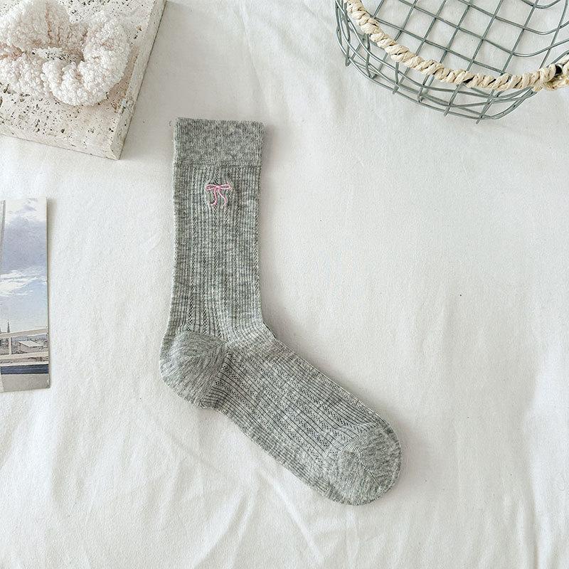 Women's Summer Thin Bow Ballet Style Pure Cotton Boneless Embroidery Tube Stack Socks