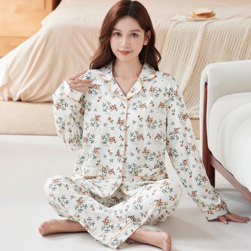 High-end Floral Temperament Loose Large-size Mother Loungewear Imitation Cotton Casual Pajamas Long-sleeved Two-piece Set