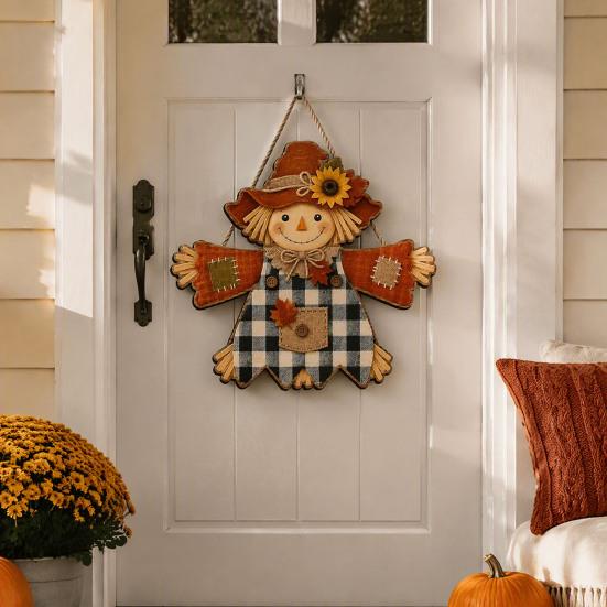 Front Door Welcome Sign Fall Wooden Hanging Sign, Autumn Scarecrow & Pumpkin Maple Leaf Entryway Ornament Hanger, Harvest Thanksgiving Decor,