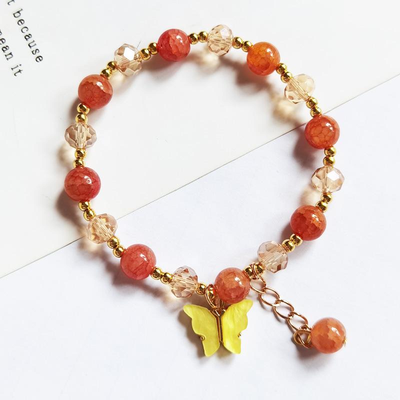 New Sweet Fashion Butterfly Pendant Tassel Imitation Jade Cracked Crystal Elastic Beaded Bracelet for Women Girl Zircon Gifts