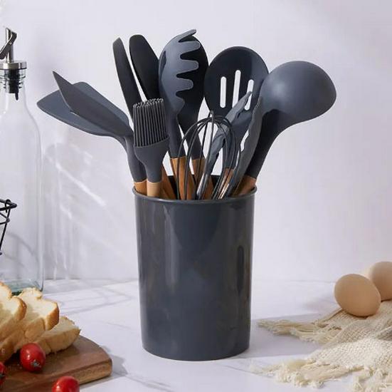12-Piece Silicone Kitchen Tool Set: High-Temp Resistant Non-Stick Utensils with Wooden Handles, Includes Spatulas and Soup Ladle