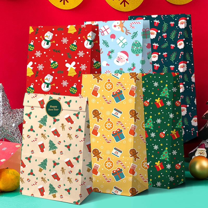 12PC Paper Xmas Printed New Year Flat-mouth Cookie Santa Claus Packing Bag DIY Crafts Decoration Supply Gift Pouches Candy